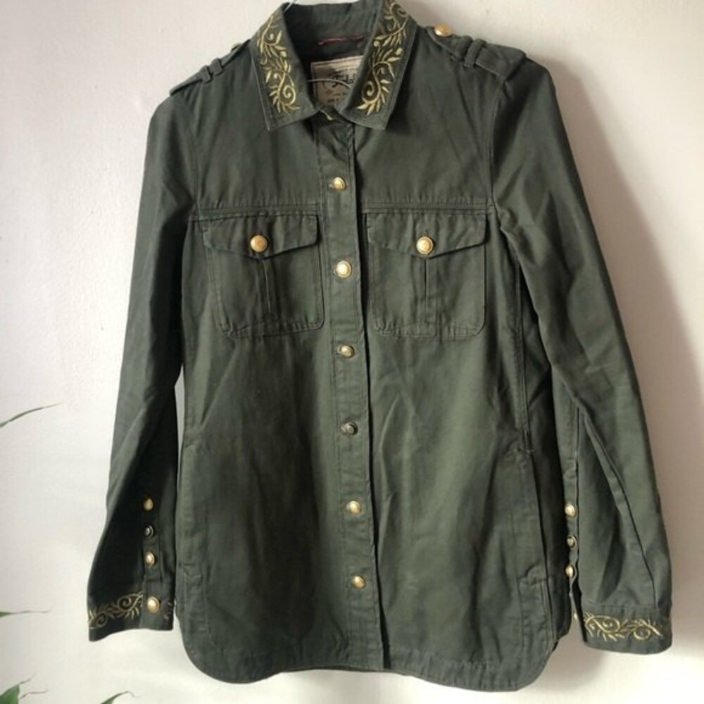 Zara Trafaluc Military Green Shirt Jacket Shacket Embroidered Golden Pockets S